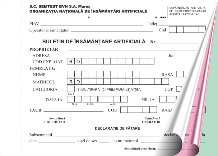Semtest BVN, Material seminal taur, Gestionarea datelor de reproducţie 1 buletin insamantare artificiala