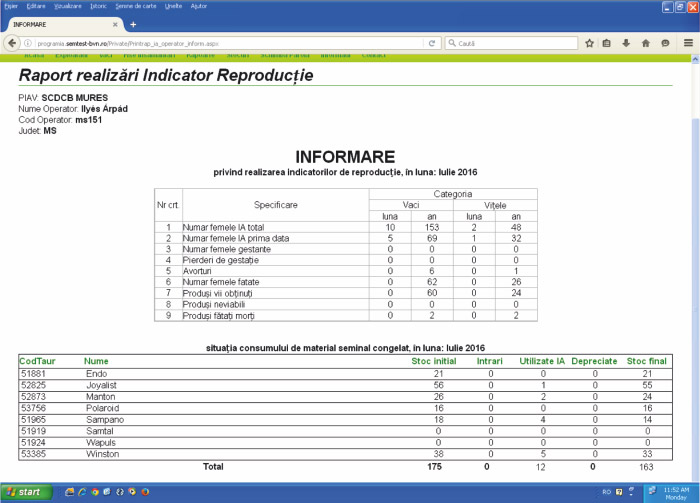 Semtest BVN, Material seminal taur, Gestionarea datelor de reproducţie 9 pnrb reproductie bovine